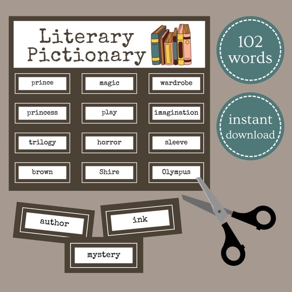 Literary Pictionary // Printable Party Game // Family Game Night // Library Game // Book Theme // Book Club Activity // Book Worm Reading