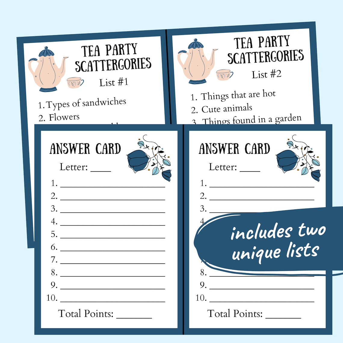 Tea Party Scattergories Printable Party Game // Birthday Party - Etsy