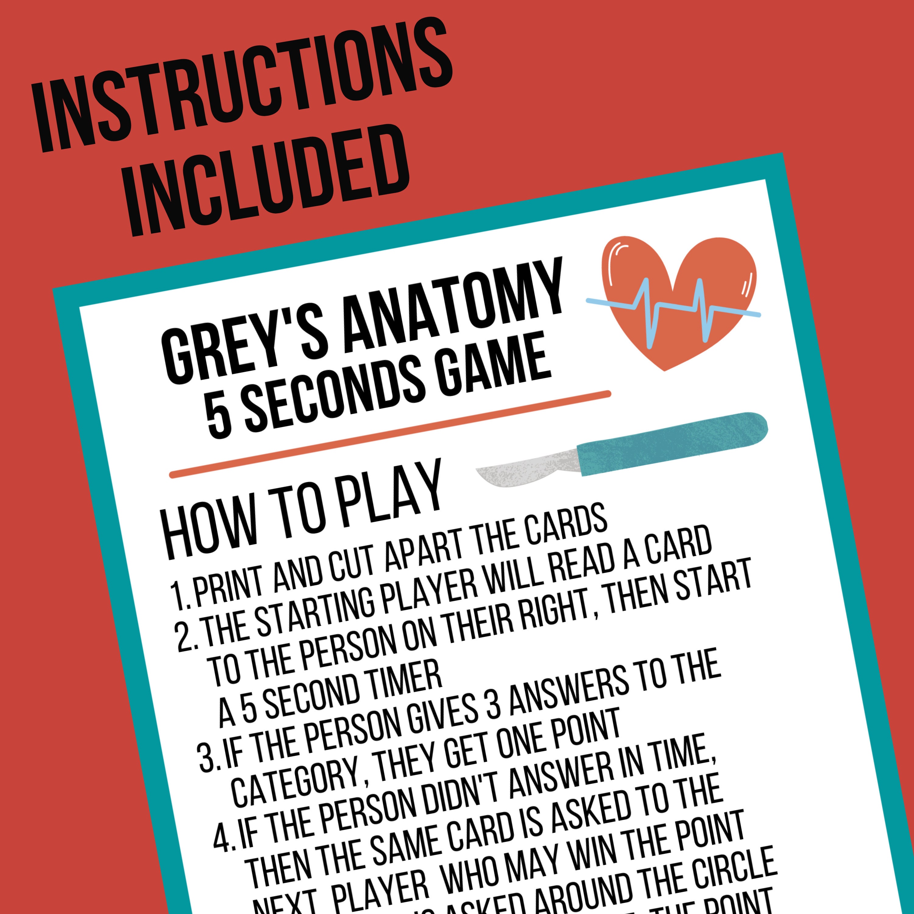 Grey's Anatomy 5 Seconds Game // Printable Birthday Party - Etsy