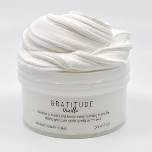 May include: A white aromatherapy slime in a clear plastic jar. The jar has a label with the words "GRATITUDE Vanilla" and a quote about gratitude. The top of the jar is covered with a fluffy, white substance.