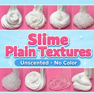 Pode incluir: Uma coleção de slime branco em várias texturas, incluindo variedades lisas, com contas e transparentes, exibidas contra um fundo rosa. O texto Slime Plain Textures Unscented No Color está em destaque no centro da imagem.