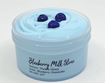 Slime de leche de arándanos: textura espesa y brillante, aroma a tarta de queso con arándanos, slime súper brillante.