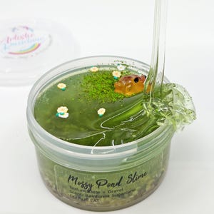 May include: A clear plastic container filled with green slime, decorated with small white flowers, green moss, and a small frog figurine. The label reads "Mossy Pond Slime". The slime is clear and has a clear and gravel texture.