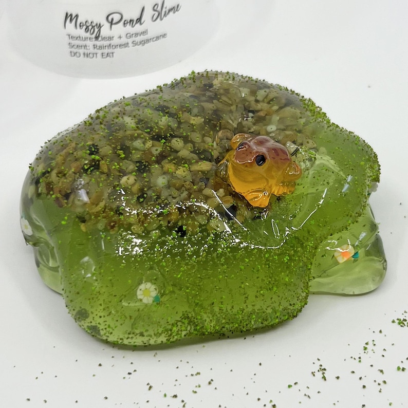May include: A green slime with a clear, gel-like base, speckled with green glitter and small white flowers. The slime is topped with a layer of gravel and a small, orange frog figurine. The text "Mossy Pond Slime" is visible.