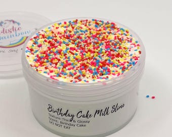 Slime al latte al gusto di torta di compleanno, consistenza densa e lucida, profumato, slime ASMR