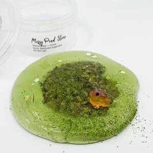 May include: A clear container of "Mossy Pond Slime" with a green, clear slime base. The slime has a gravel texture and a rainforest sugarcane scent. A small, orange frog figurine sits in the center of the slime.