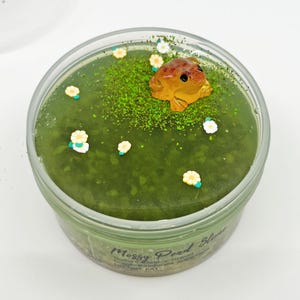 May include: A clear plastic container filled with green slime, decorated with a small brown frog figurine, green glitter, and tiny white and yellow flower-shaped embellishments. The container has the words "Mossy Pond Slime" printed on the side.