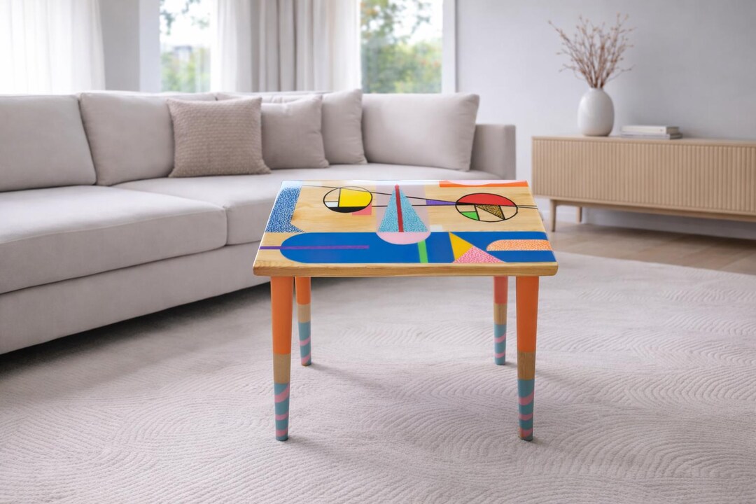 Hand Painted Retro Side Table, Colorful Pop Art Epoxy Resin Coffee ...