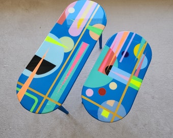 Handmade Blue Resin Side Coffee Tables, Neon Painted Legs, Boho Eclectic Art