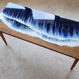 Ocean Wave Epoxy Resin Side Table: Beach Themed Nautical Decor
