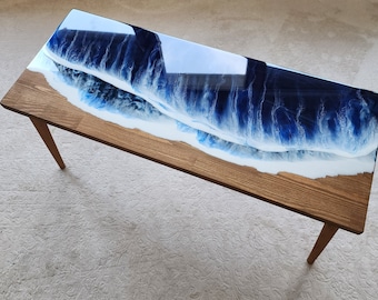 Ocean Wave Epoxy Resin Side Table: Beach Themed Nautical Decor