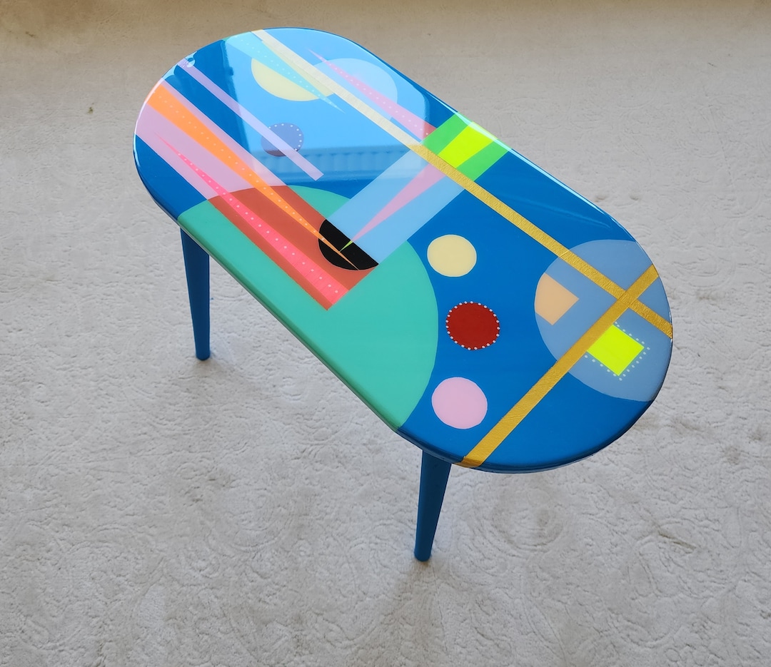 Unusual Abstract Blue Resin Side Funky Oval Coffee Table, Modern Unique