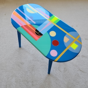 Abstract Blue Resin Coffee Table: Modern Art Wooden Side Table