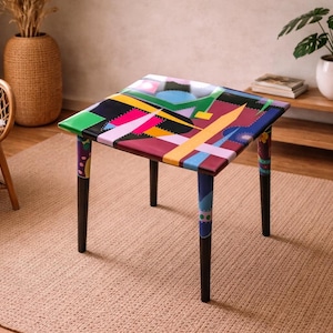 Hand Painted Epoxy Resin Coffee Table: Rainbow Pop Art End Table