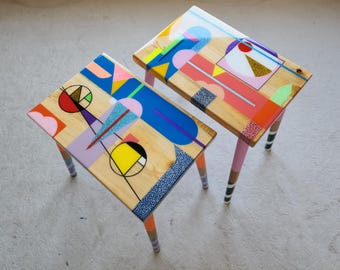 Funky Painted Resin Side Tables, Abstract Boho MCM Decor, Set of 2