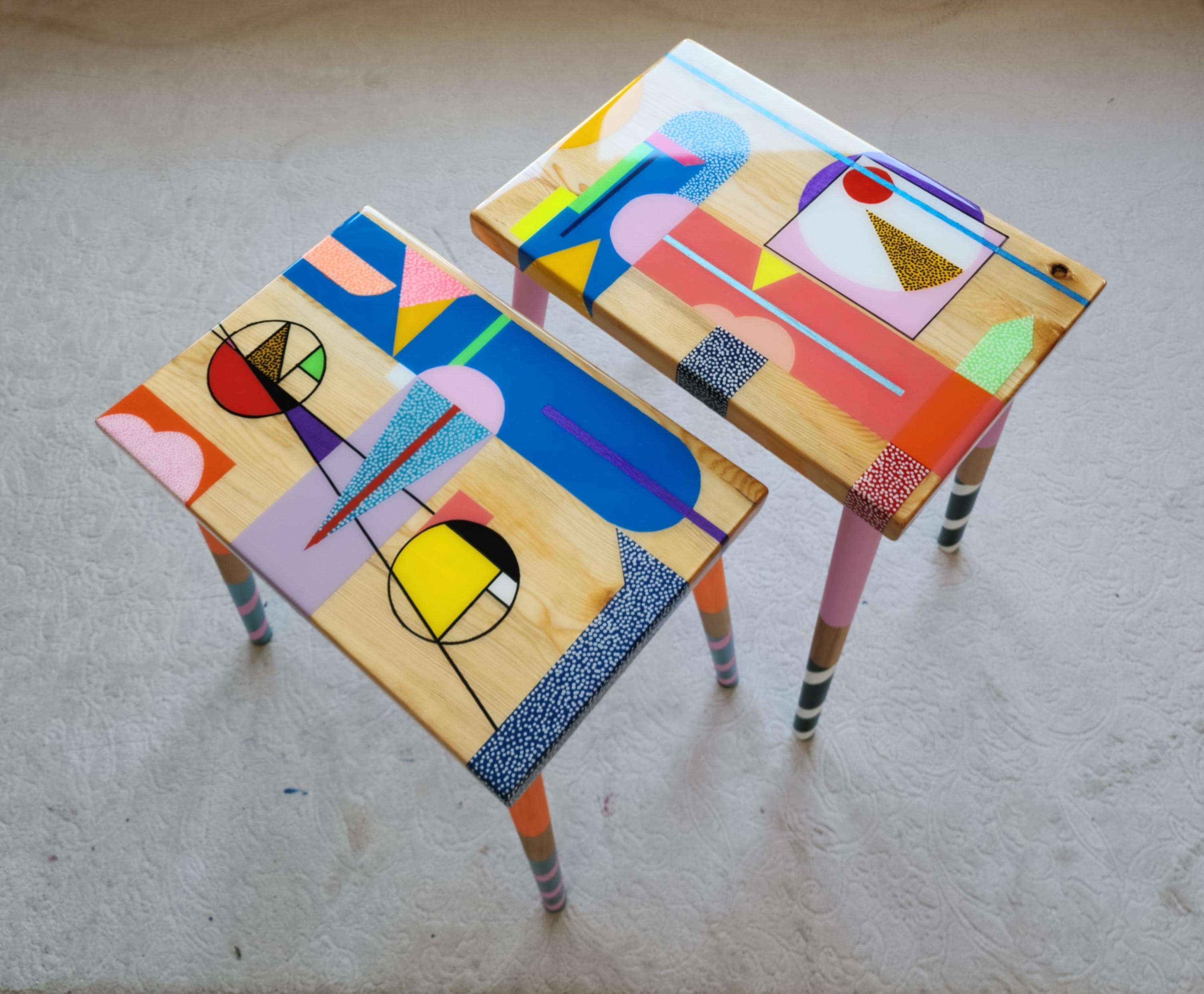 Painted Resin Wood Side Tables, Funky Abstract Art, Boho MCM Decor