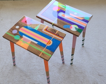 Vibrant Epoxy Resin Colorful Side End Tables,Rainbow Funky Groovy Retro Modern Unique Eclectic Geometric Abstract Cool Sofa Art Design Table