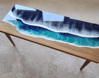Ocean Wave Resin Side Table: Nautical Beach Decor, Epoxy Art