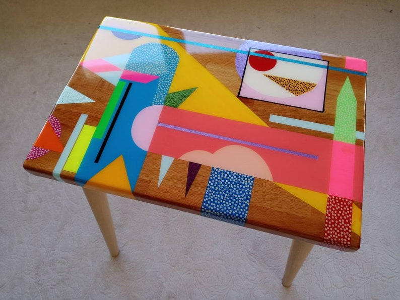 Wooden Resin Boho Side Funky Coffee Table, Modern Handmade Cool Bedside Living Room Entryway End Sofa Middle Colorful Abstract Small Table image 3