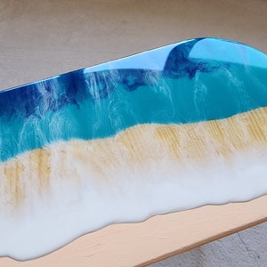 Oval Epoxy Resin Ocean Waves Side Coffee Table, Natural Beach House Decor Blue Coastal Nautical Sea Themed Entryway Bedside Bedroom Table image 7