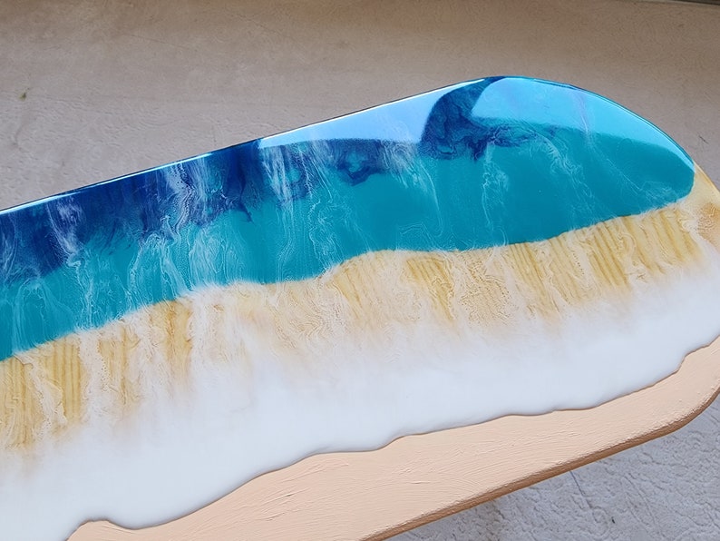 Oval Epoxy Resin Ocean Waves Side Coffee Table, Natural Beach House Decor Blue Coastal Nautical Sea Themed Entryway Bedside Bedroom Table image 7