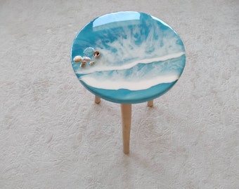 Unique Blue Ocean Wave Resin Side Coffee Table,  Modern Natural Wooden Sofa End Beach House Decor,Living Room, Bedside Cool Sea Art Table