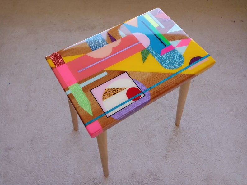 Wooden Resin Boho Side Funky Coffee Table, Modern Handmade Cool Bedside Living Room Entryway End Sofa Middle Colorful Abstract Small Table image 1