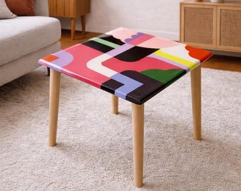 Hand-Painted Epoxy Resin Side Table, Colorful Abstract Retro Art