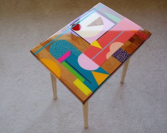 Small Wooden Handmade Resin Cool Side Coffee Table,Pink Modern Bedside Living Room Entryway End Colorful Abstract Funky Boho Epoxy Art Table