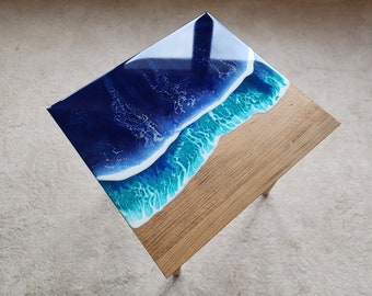 Small Natural Ocean Wave Side End Resin Coffee Table,  Beach House Decor Blue Coastal Nautical Sea Themed Entryway Bedside Bedroom Table