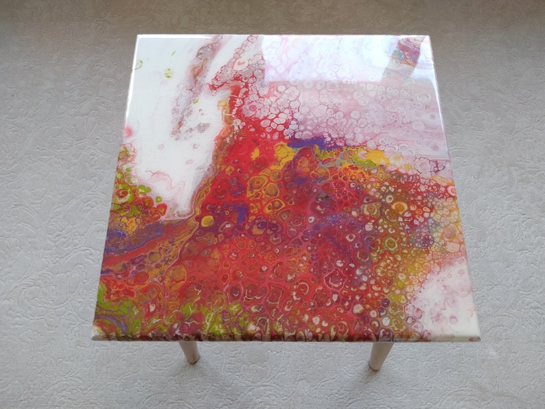 Small Wood Side Sofa Resin Coffee Table, Modern Unique Wooden Sofa End Epoxy Table, Living Room Bedside Colorful Abstract Art Coffee Table image 2