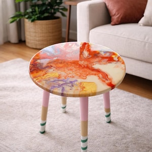 Resin Coffee Table: Colorful Abstract Wood Side Table, Boho Art