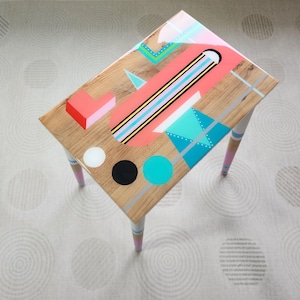 Unusual Unique Wooden Colorful Funky Epoxy Resin Side Coffee Table, Eclectic Rainbow Abstract Pop Art Hand Painted Cute Retro End Sofa Table