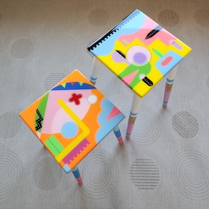 Hand Painted Colorful Cool Funky Resin Side Art Coffee Tables, Modern Small Abstract Quirky Pink Blue Orange Unusual Epoxy Acrylic Table