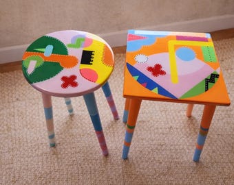 Funky Abstract Resin Side Tables, Colorful Wooden Accent Art Furniture