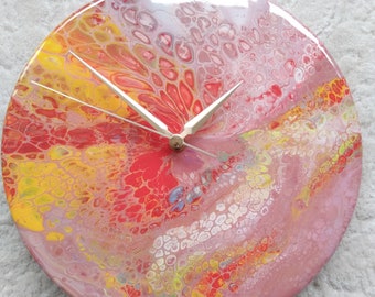 Unique Colorful Resin Abstract Wall Clock, Round Modern Epoxy Wall Clock, Pink Yellow Red Wall Clock, Farmhouse Clock, Silent Analog Clock