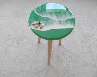 Round Small Resin Ocean Wave Coffee Table, Green Modern Wooden Side Sofa End Unique Coffee Table, Shells,Living Room, Bedroom Bedside Table