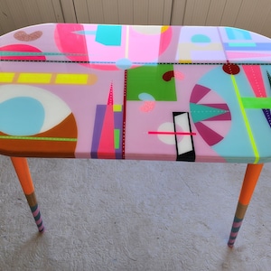 Large Pink Abstract Resin Coffee Table: Boho Eclectic Side Table