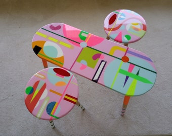 Handmade Pink Resin Nesting Coffee Tables, Colorful Abstract Art, Painted Legs