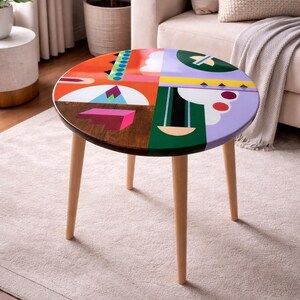 Handmade Resin Coffee Table: Round Abstract Boho Wood Side Table