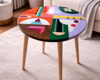 Handgemaakte harssalontafel: ronde abstracte bohohouten bijzettafel