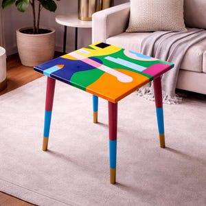 Handmade Resin Coffee Table, Square Colorful Abstract Boho End Table