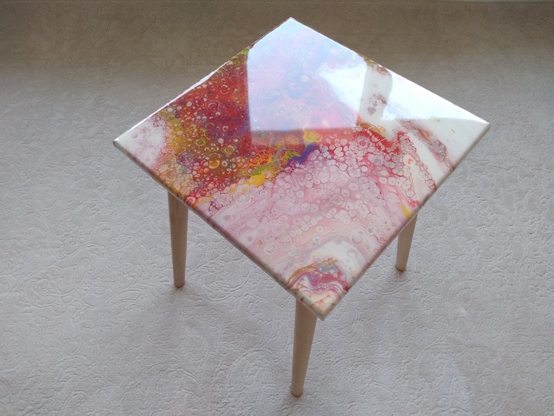 Small Wood Side Sofa Resin Coffee Table, Modern Unique Wooden Sofa End Epoxy Table, Living Room Bedside Colorful Abstract Art Coffee Table image 3