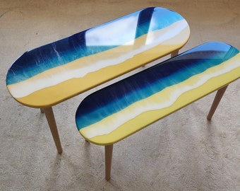 Mesas de centro de resina con diseño de olas del océano: decoración costera de casa de playa (juego de 2)