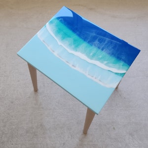 Natural Coastal Ocean Wave Resin Beach Coffee Table, Handmade Nautical Hawaiian House Decor Bedside Cool Side Sea Themed End Epoxy Art Table