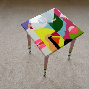 Square Colorful Funky Abstract Boho Resin Table,Pink Purple Groovy Vibrant Wood Rainbow Retro Hippi End Side Cool Luxury Center Coffee Table