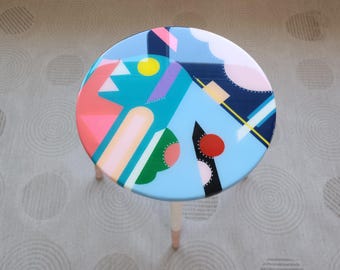 Funky Blue Resin Side Table, Eclectic Neon Painted Leg