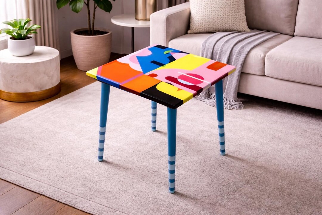 Pink Resin Coffee Table: Boho Pop Art Side Table With Painted Legs - Etsy