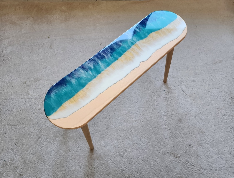 Oval Epoxy Resin Ocean Waves Side Coffee Table, Natural Beach House Decor Blue Coastal Nautical Sea Themed Entryway Bedside Bedroom Table image 6