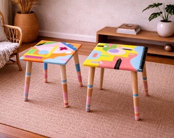 Hand Painted Resin Coffee Tables, Modern Abstract Acrylic Side Tables, Set of 2